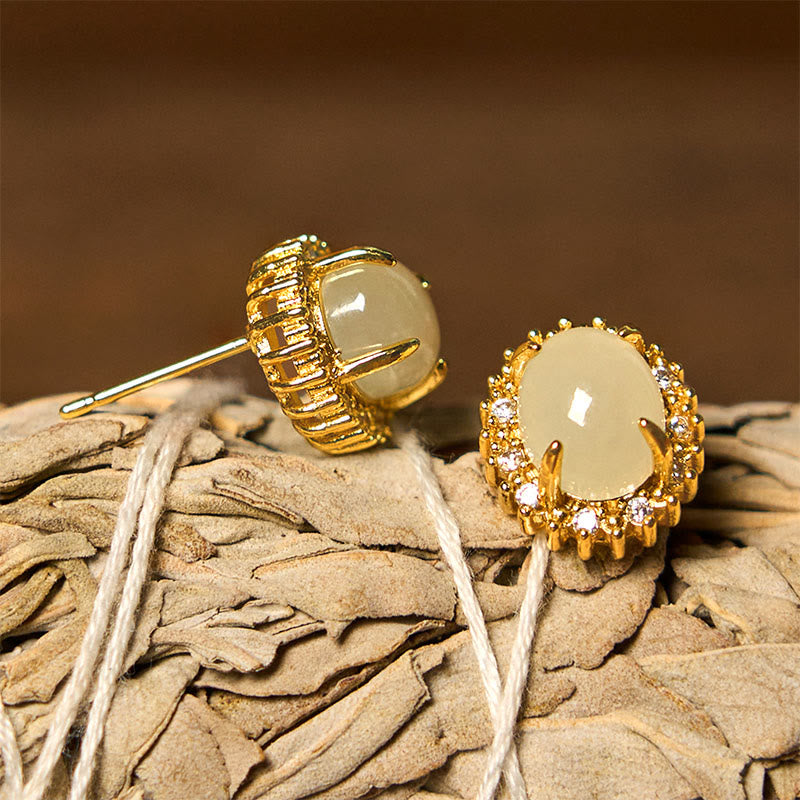 Wear FengShui Natural Hetian Jade Egg Copper Prosperity Earrings