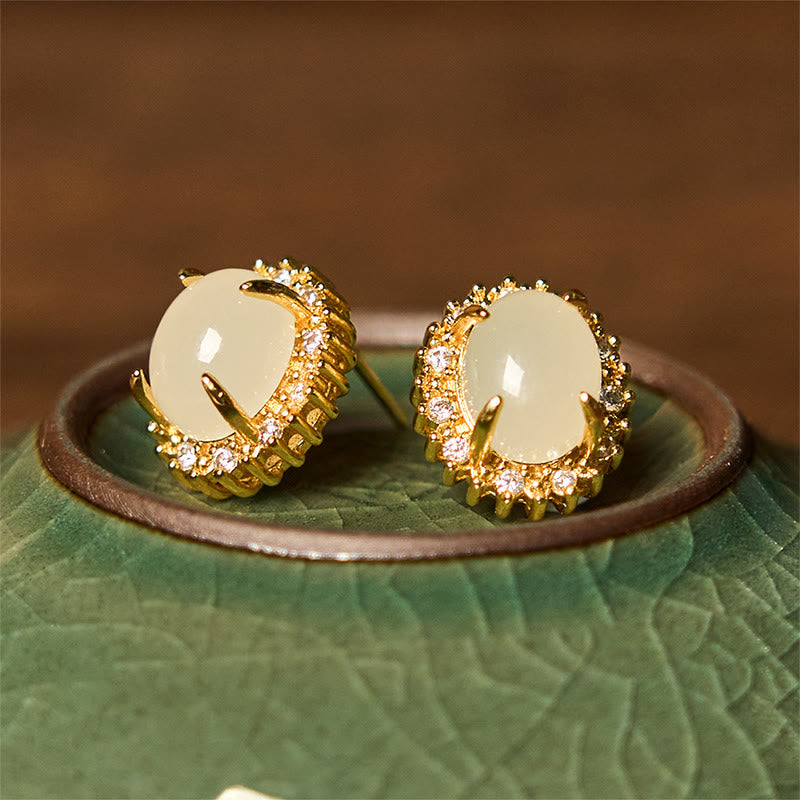 Wear FengShui Natural Hetian Jade Egg Copper Prosperity Earrings
