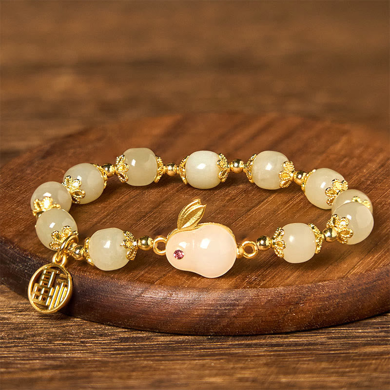 Wear FengShui Natural Hetian Jade Fu Character Fu Brand Rabbit Abundance Bracelet