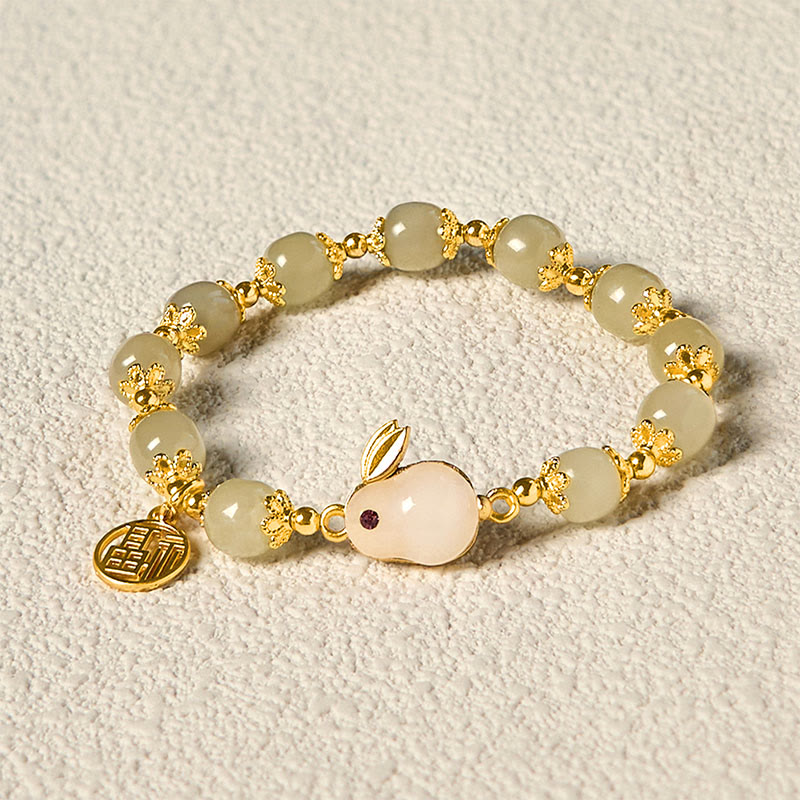 Wear FengShui Natural Hetian Jade Fu Character Fu Brand Rabbit Abundance Bracelet