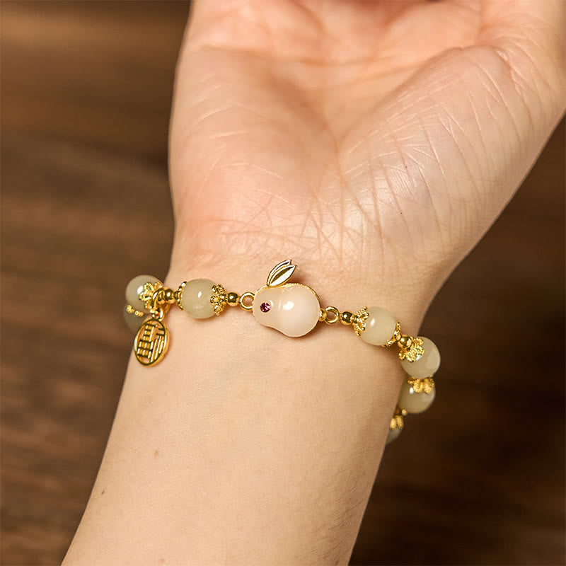 Wear FengShui Natural Hetian Jade Fu Character Fu Brand Rabbit Abundance Bracelet