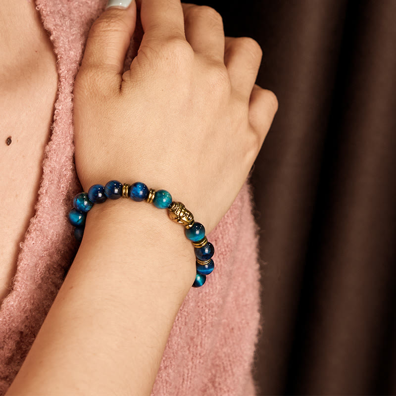 Wear FengShui Blue Green Red Tiger Eye Buddha Head Balance Bracelet