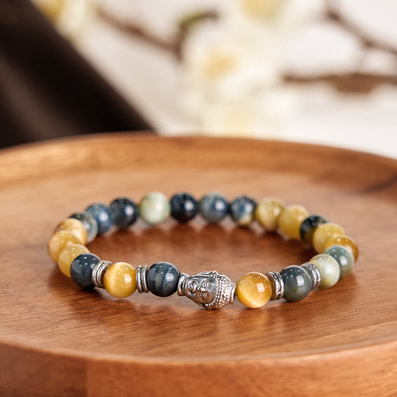 Wear FengShui Blue Green Red Tiger Eye Buddha Head Balance Bracelet