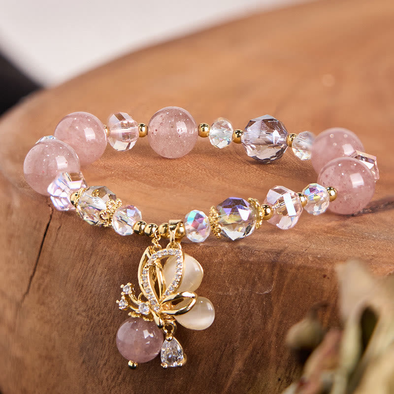Wear FengShui Natural Strawberry Quartz Butterfly Healing Bracelet