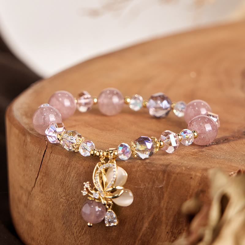 Wear FengShui Natural Strawberry Quartz Butterfly Healing Bracelet