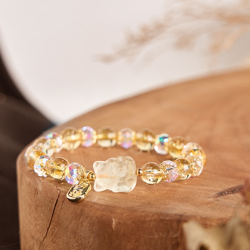 Wear FengShui Natural Citrine White Crystal Nine Tailed Fox Attracting Wealth Charm Energy Bracelet