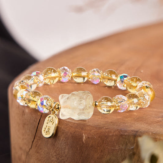 Wear FengShui Natural Citrine White Crystal Nine Tailed Fox Attracting Wealth Charm Energy Bracelet