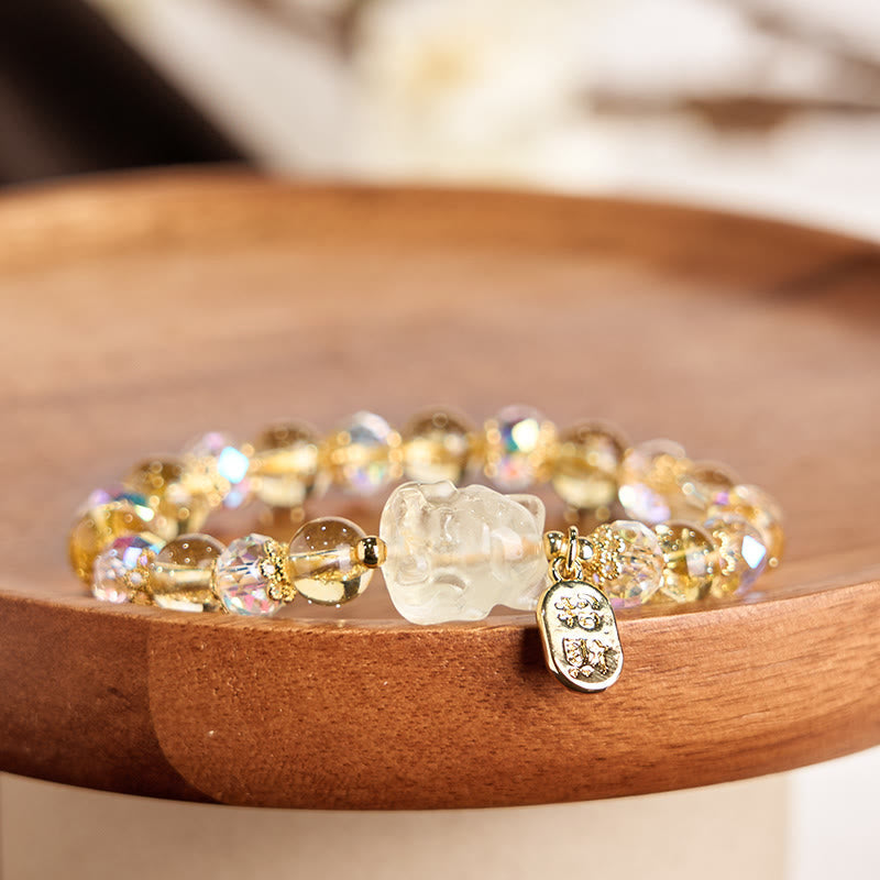 Wear FengShui Natural Citrine White Crystal Nine Tailed Fox Attracting Wealth Charm Energy Bracelet