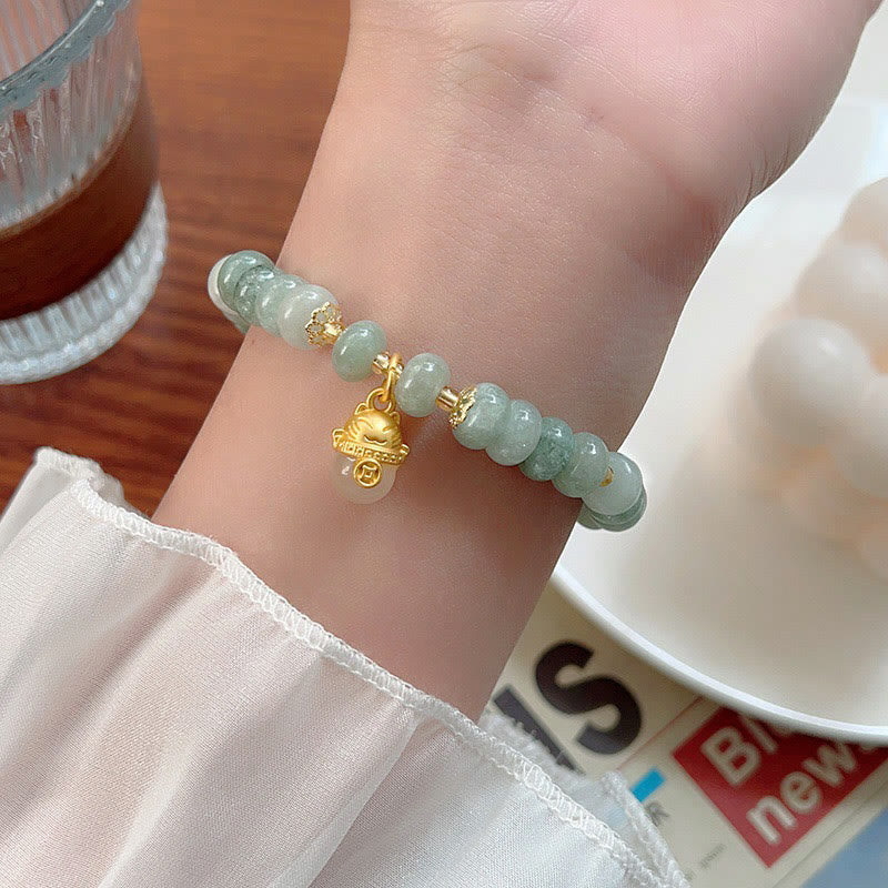 Wear FengShui Strawberry Quartz Cyan Jade Lucky Cat Beads Healing Bracelet