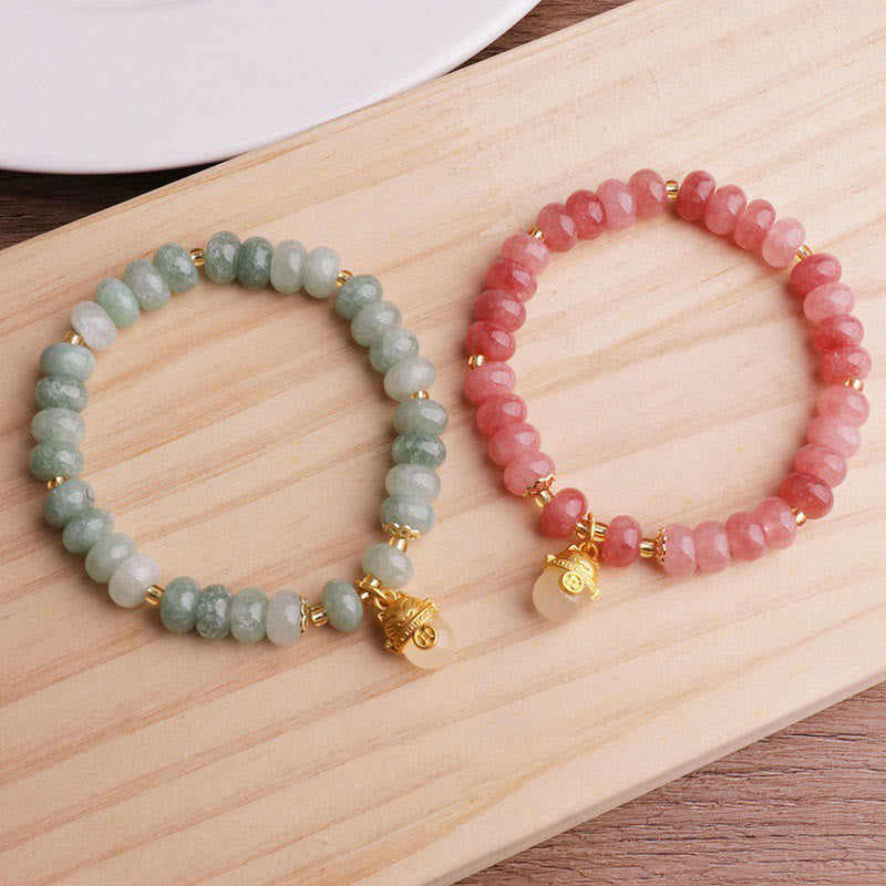 Wear FengShui Strawberry Quartz Cyan Jade Lucky Cat Beads Healing Bracelet