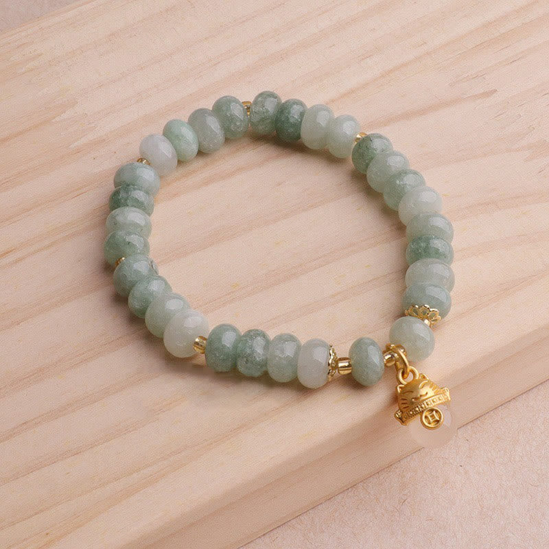 Wear FengShui Strawberry Quartz Cyan Jade Lucky Cat Beads Healing Bracelet