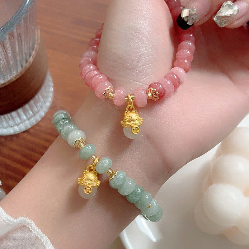 Wear FengShui Strawberry Quartz Cyan Jade Lucky Cat Beads Healing Bracelet