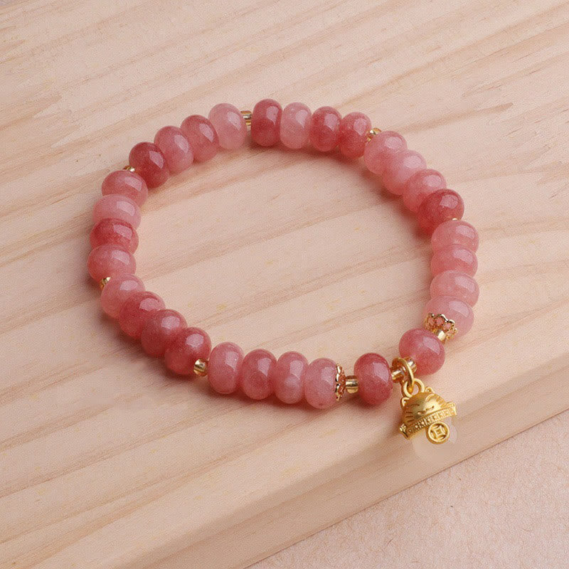 Wear FengShui Strawberry Quartz Cyan Jade Lucky Cat Beads Healing Bracelet