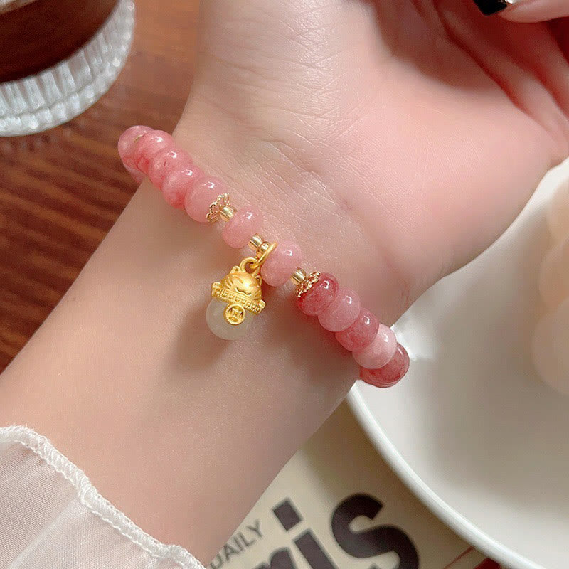 Wear FengShui Strawberry Quartz Cyan Jade Lucky Cat Beads Healing Bracelet