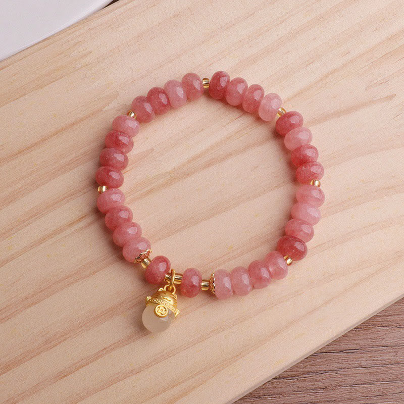 Wear FengShui Strawberry Quartz Cyan Jade Lucky Cat Beads Healing Bracelet