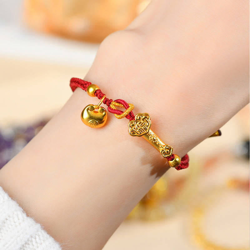 Wear FengShui Red String Fu Character Ingot Ruyi Stick Luck Braided Bracelet