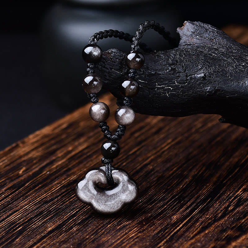 Wear FengShui Natural Silver Sheen Obsidian Auspicious Clouds Protection Soothing Necklace Pendant