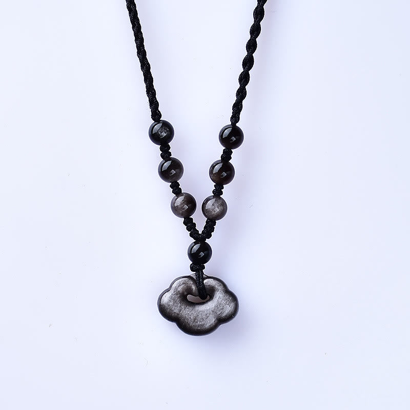 Wear FengShui Natural Silver Sheen Obsidian Auspicious Clouds Protection Soothing Necklace Pendant