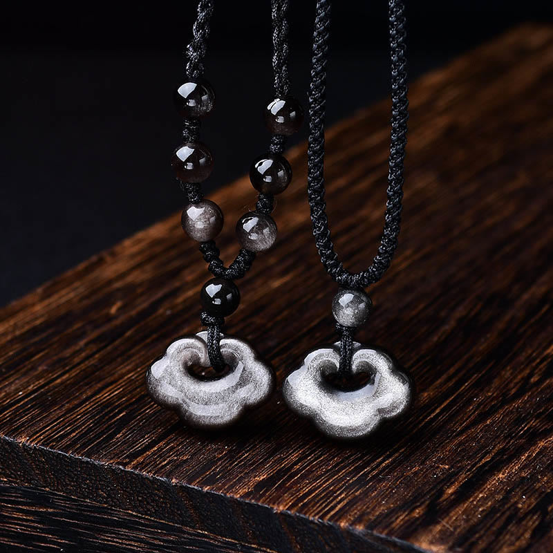 Wear FengShui Natural Silver Sheen Obsidian Auspicious Clouds Protection Soothing Necklace Pendant