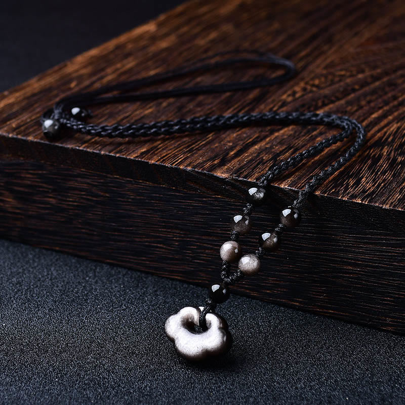 Wear FengShui Natural Silver Sheen Obsidian Auspicious Clouds Protection Soothing Necklace Pendant
