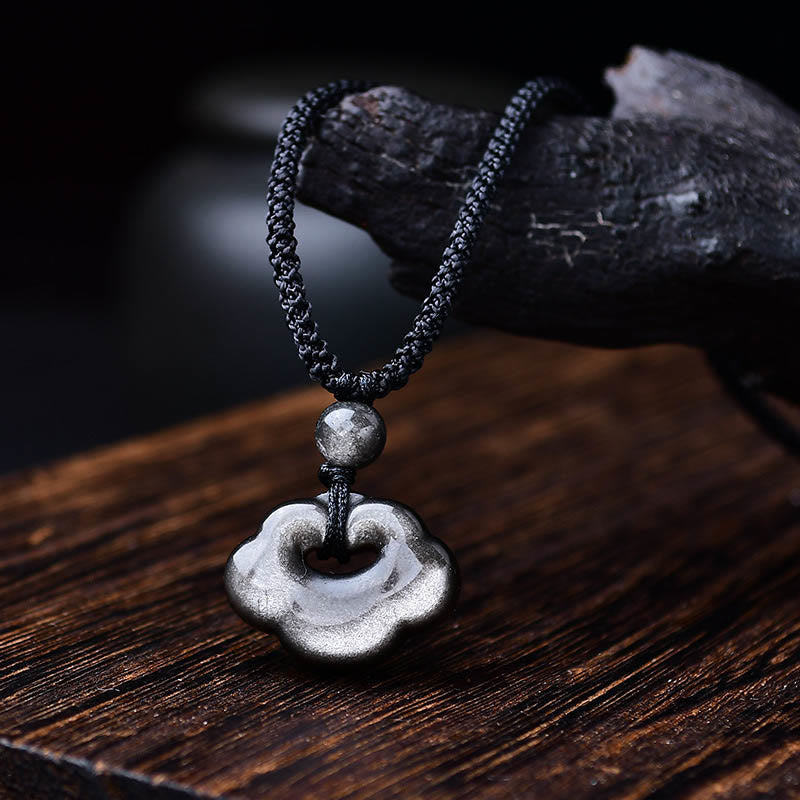 Wear FengShui Natural Silver Sheen Obsidian Auspicious Clouds Protection Soothing Necklace Pendant
