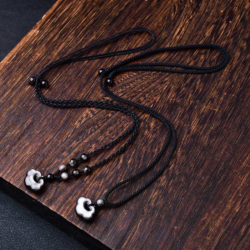 Wear FengShui Natural Silver Sheen Obsidian Auspicious Clouds Protection Soothing Necklace Pendant