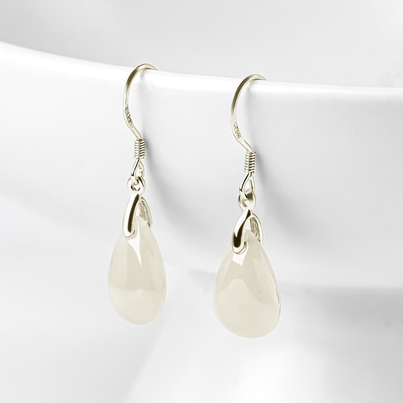 Wear FengShui 925 Sterling Silver Jade Water Drop Pattern Luck Prosperity Dangle Earrings