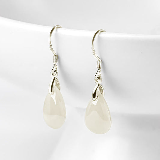 Wear FengShui 925 Sterling Silver Jade Water Drop Pattern Luck Prosperity Dangle Earrings