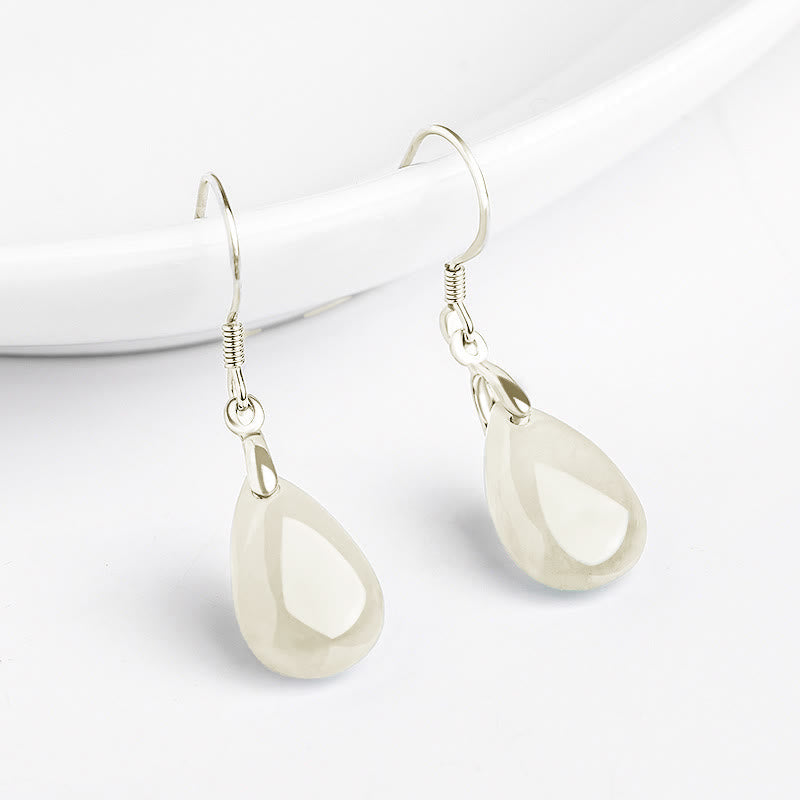 Wear FengShui 925 Sterling Silver Jade Water Drop Pattern Luck Prosperity Dangle Earrings
