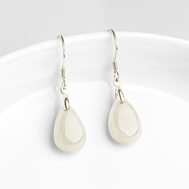 Wear FengShui 925 Sterling Silver Jade Water Drop Pattern Luck Prosperity Dangle Earrings