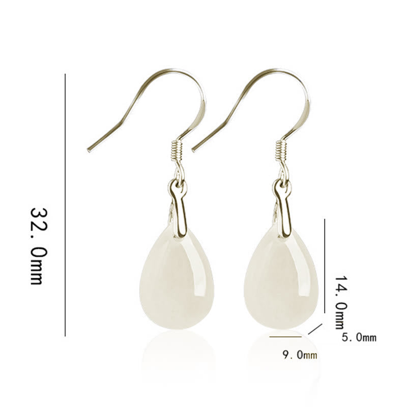Wear FengShui 925 Sterling Silver Jade Water Drop Pattern Luck Prosperity Dangle Earrings