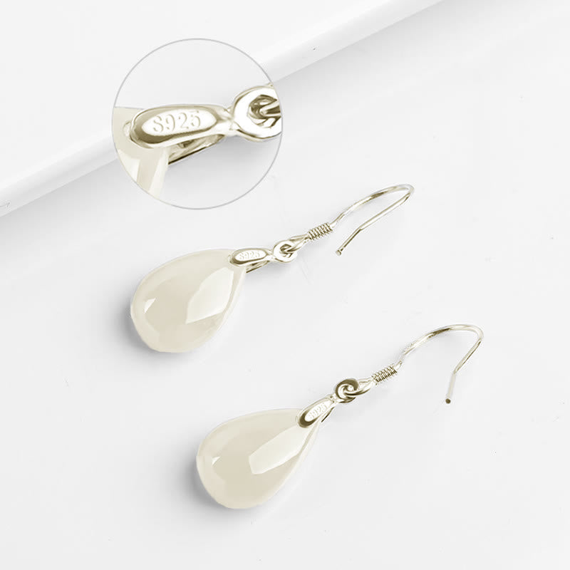 Wear FengShui 925 Sterling Silver Jade Water Drop Pattern Luck Prosperity Dangle Earrings
