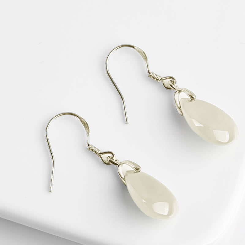 Wear FengShui 925 Sterling Silver Jade Water Drop Pattern Luck Prosperity Dangle Earrings