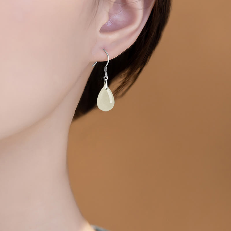 Wear FengShui 925 Sterling Silver Jade Water Drop Pattern Luck Prosperity Dangle Earrings