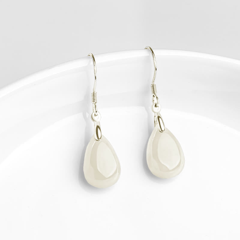 Wear FengShui 925 Sterling Silver Jade Water Drop Pattern Luck Prosperity Dangle Earrings