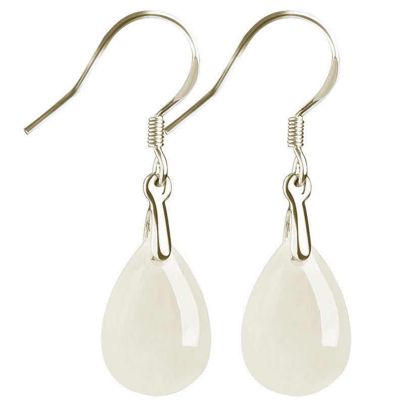 Wear FengShui 925 Sterling Silver Jade Water Drop Pattern Luck Prosperity Dangle Earrings