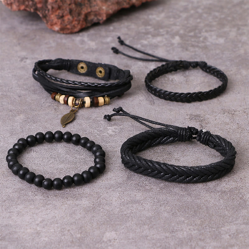 Wear FengShui Leaf Multi-layer Twisted Leather Resin Beads Courage Bracelet Set