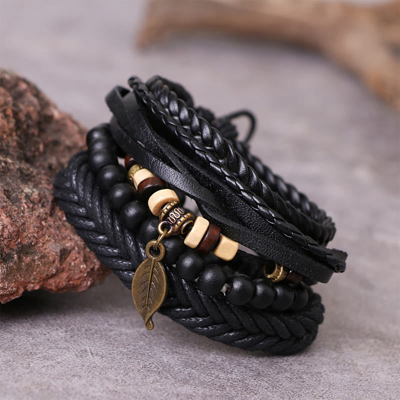 Wear FengShui Leaf Multi-layer Twisted Leather Resin Beads Courage Bracelet Set