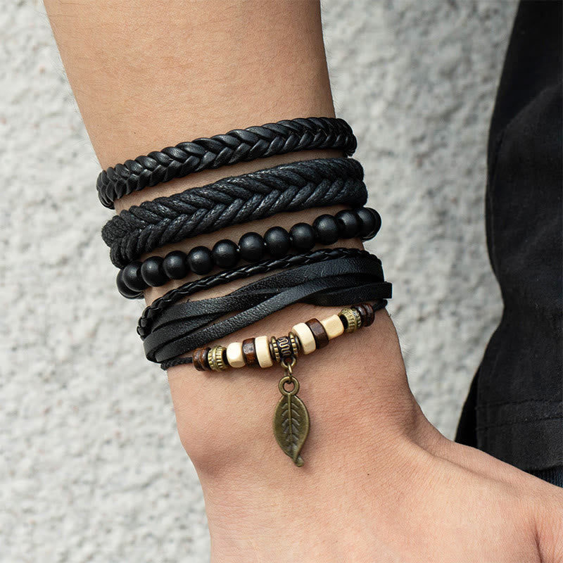 Wear FengShui Leaf Multi-layer Twisted Leather Resin Beads Courage Bracelet Set