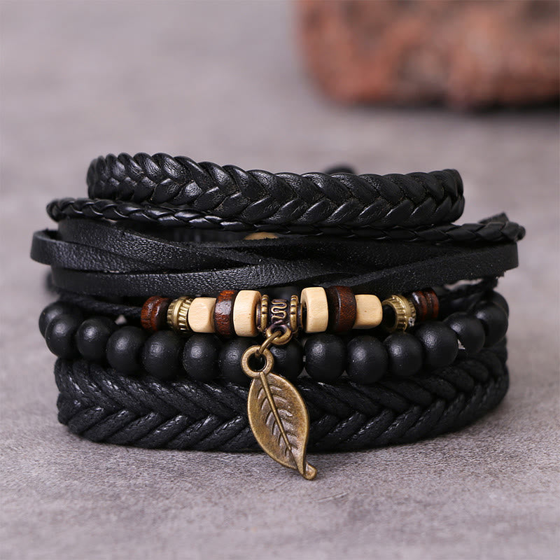 Wear FengShui Leaf Multi-layer Twisted Leather Resin Beads Courage Bracelet Set