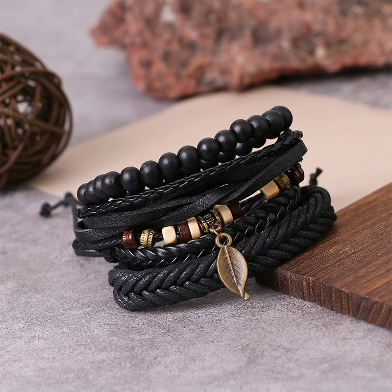 Wear FengShui Leaf Multi-layer Twisted Leather Resin Beads Courage Bracelet Set