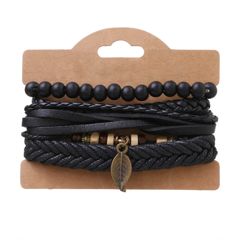 Wear FengShui Leaf Multi-layer Twisted Leather Resin Beads Courage Bracelet Set