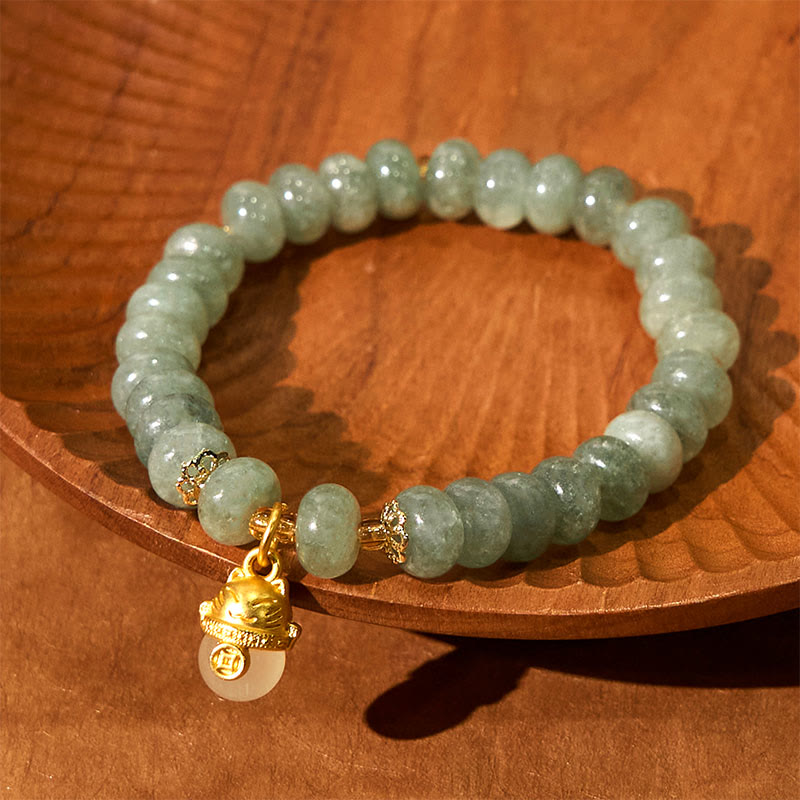 Wear FengShui Strawberry Quartz Cyan Jade Lucky Cat Beads Healing Bracelet