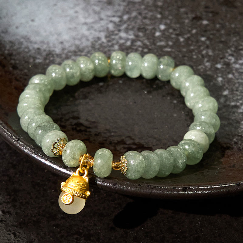 Wear FengShui Strawberry Quartz Cyan Jade Lucky Cat Beads Healing Bracelet