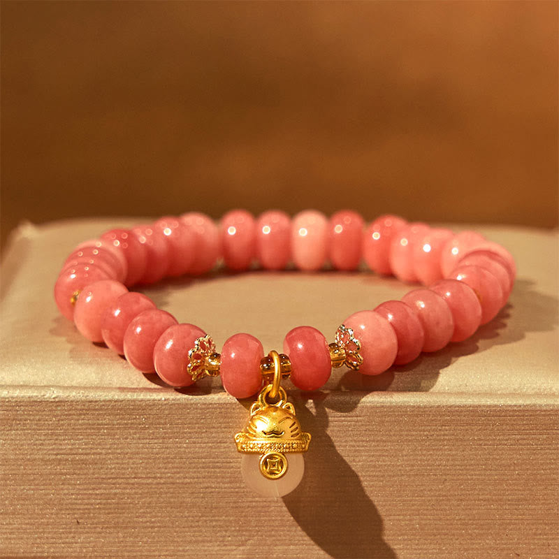 Wear FengShui Strawberry Quartz Cyan Jade Lucky Cat Beads Healing Bracelet