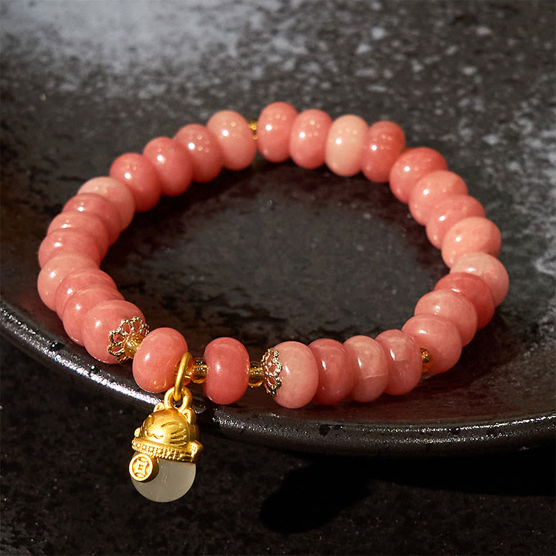 Wear FengShui Strawberry Quartz Cyan Jade Lucky Cat Beads Healing Bracelet