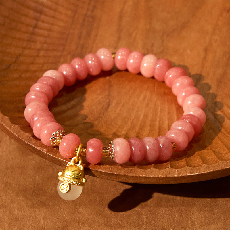 Wear FengShui Strawberry Quartz Cyan Jade Lucky Cat Beads Healing Bracelet