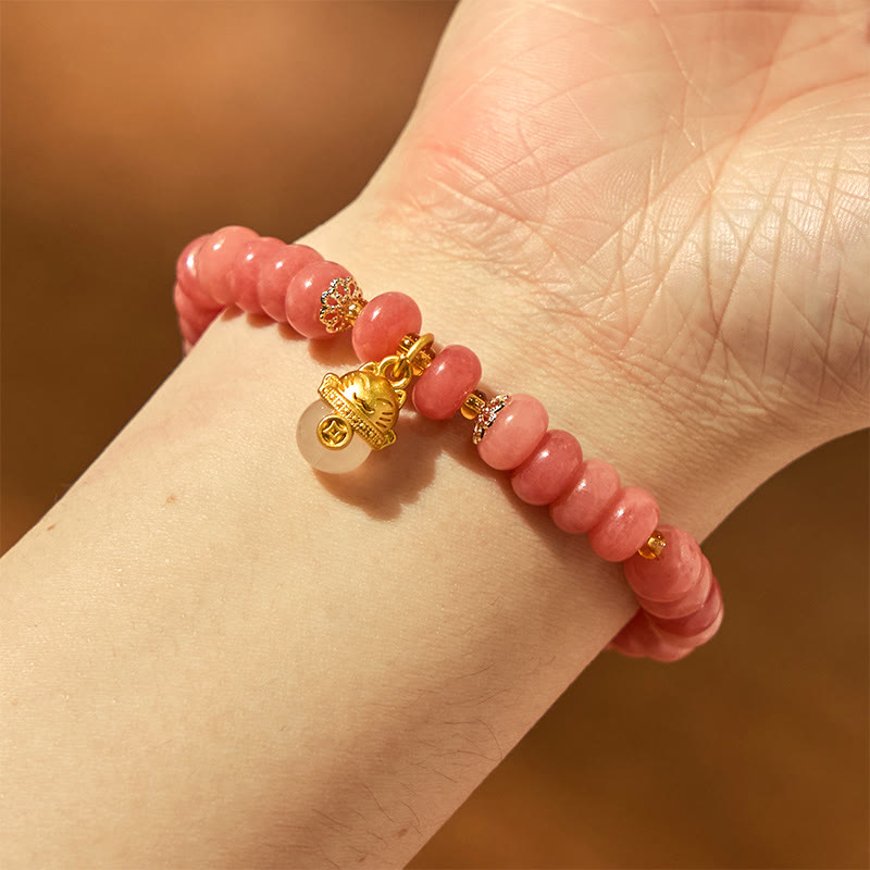 Wear FengShui Strawberry Quartz Cyan Jade Lucky Cat Beads Healing Bracelet