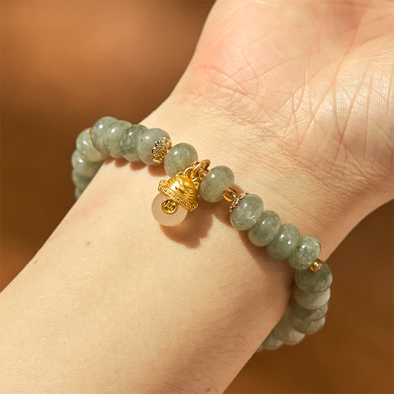 Wear FengShui Strawberry Quartz Cyan Jade Lucky Cat Beads Healing Bracelet