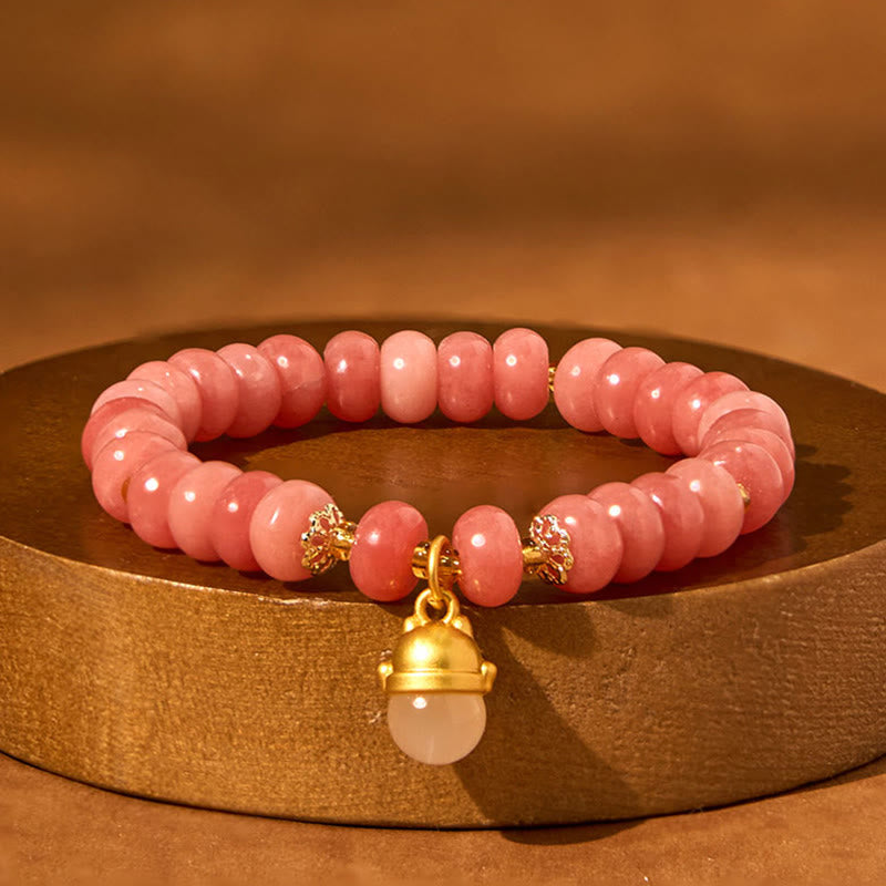 Wear FengShui Strawberry Quartz Cyan Jade Lucky Cat Beads Healing Bracelet